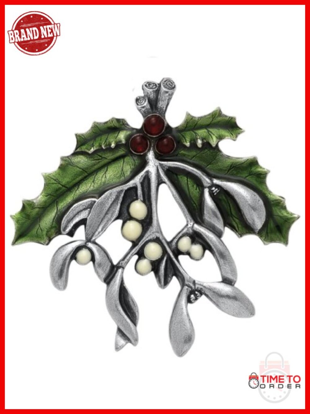 Handcrafted Pewter Brooch Pin - Mistletoe & Holly Design - Christmas Jewelry, 2